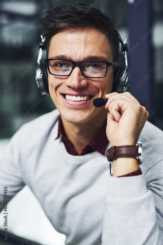 Poster call center, portrait and man with headset in office for customer care, advisory and help to clients