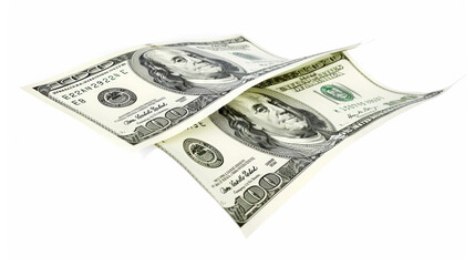 one hundred dollar bills flying around, cut out