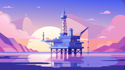 Offshore oil rig drilling platform at sunset. Oil and gas platforms north sea