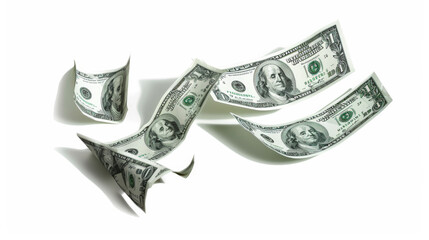 one hundred dollar bills flying around, cut out