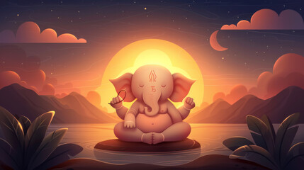 Ganesha, the hindu god of wisdom and success, meditating peacefully in a serene natural setting