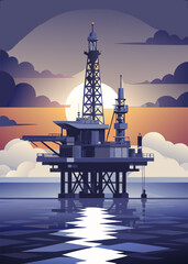 Offshore oil rig drilling platform at sunset. Oil and gas platforms north sea