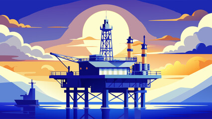 Offshore oil rig drilling platform at sunset. Oil and gas platforms north sea