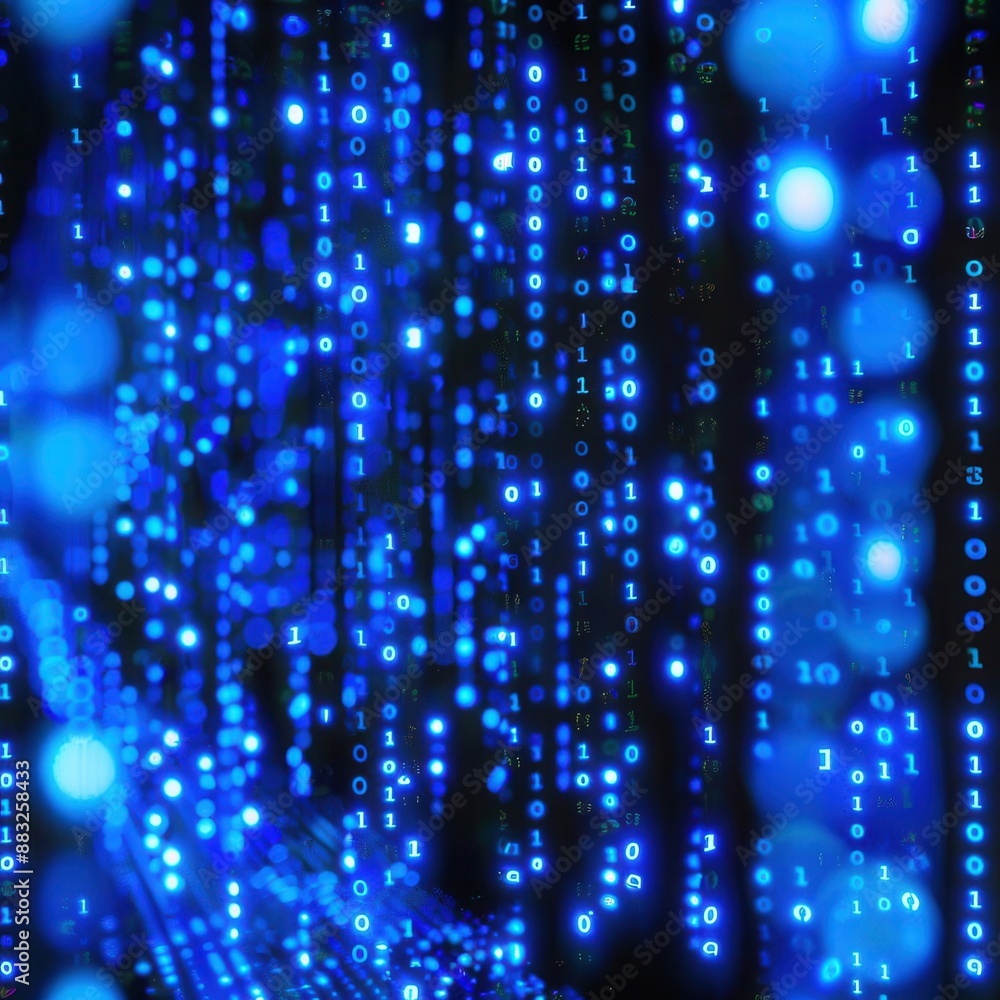 Poster blue binary code, cascading on digital screen, highresolution closeup, clear details, bright display