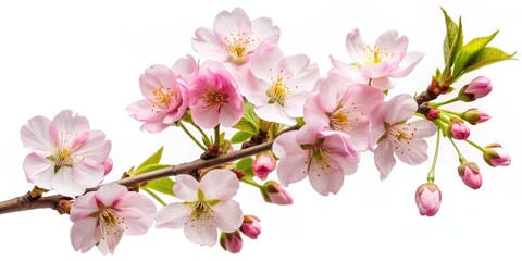 Obraz premium Delicate Pink Cherry Blossoms Branch, White Background, Macro Photography, Spring Flowers, Sakura, Nature, Bloom