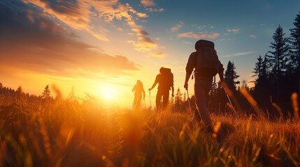 Fototapeta premium A group of hikers trekking through a scenic meadow at sunset, with backpacks on and the sun setting behind the forest in the background.
