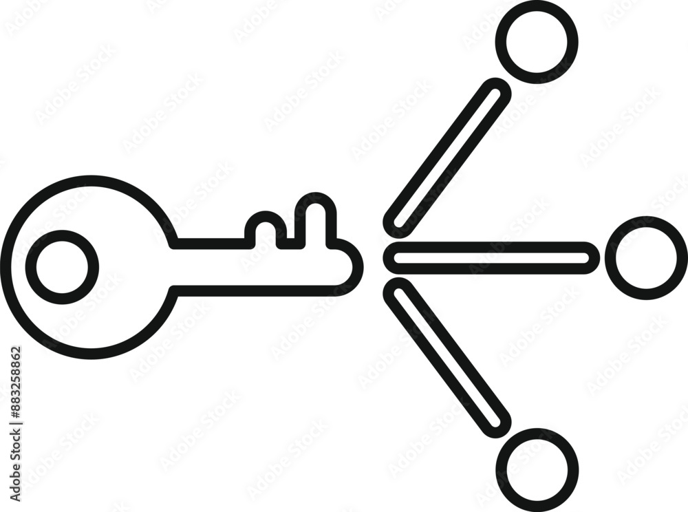 Poster line art icon of a key unlocking and connecting to three circles, representing the concept of sharin