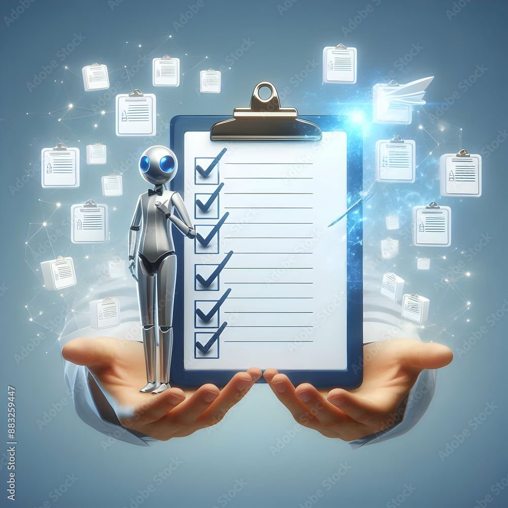Aufkleber photo realistic person with magic clipboard floating checklists on blank background for task managem