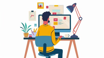 Man Creating Advertisement on Computer, Ideal for Business and Marketing Graphics, Emphasizing 