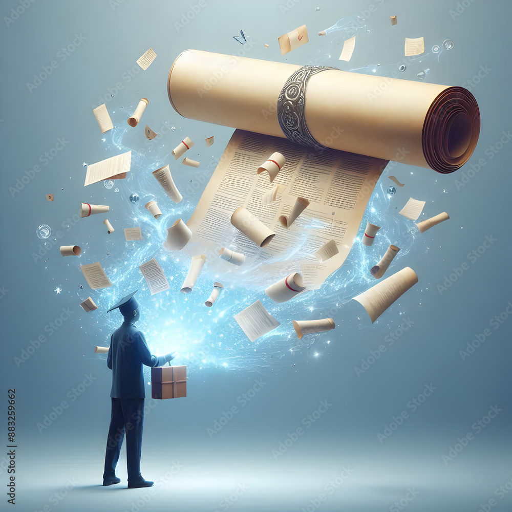 Aufkleber person with magic scroll and floating documents symbolizing document delivery service