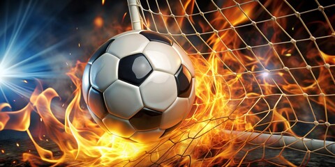 Fototapeta premium Fiery Goal Soccer Ball in Flames, 3D Render, Soccer Net, Fire, Goal, Soccer, Sport