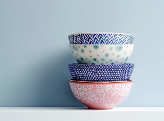 Four different colored and patterned bowls stacked on top of each other, on a white shelf, in a studio photography setting with soft lighting and blue tones against a simple background,