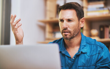 Business man, laptop and frustrated in home for network glitch, connection and software error warning. Developer, technology and confused in house for troubleshooting, crisis and application fail