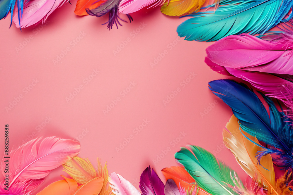 Poster colorful feathers on a pink background in a top view. mardi gras concept with space for copy text or