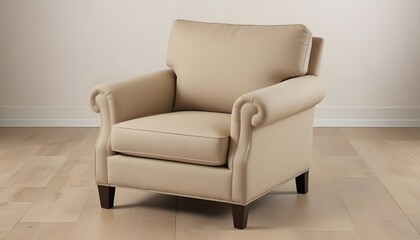 Deep cream beige comfortable armchair on a plain backdrop