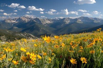 Fototapeta premium Vibrant alpine meadow with yellow wildflowers and majestic mountains under a clear blue sky