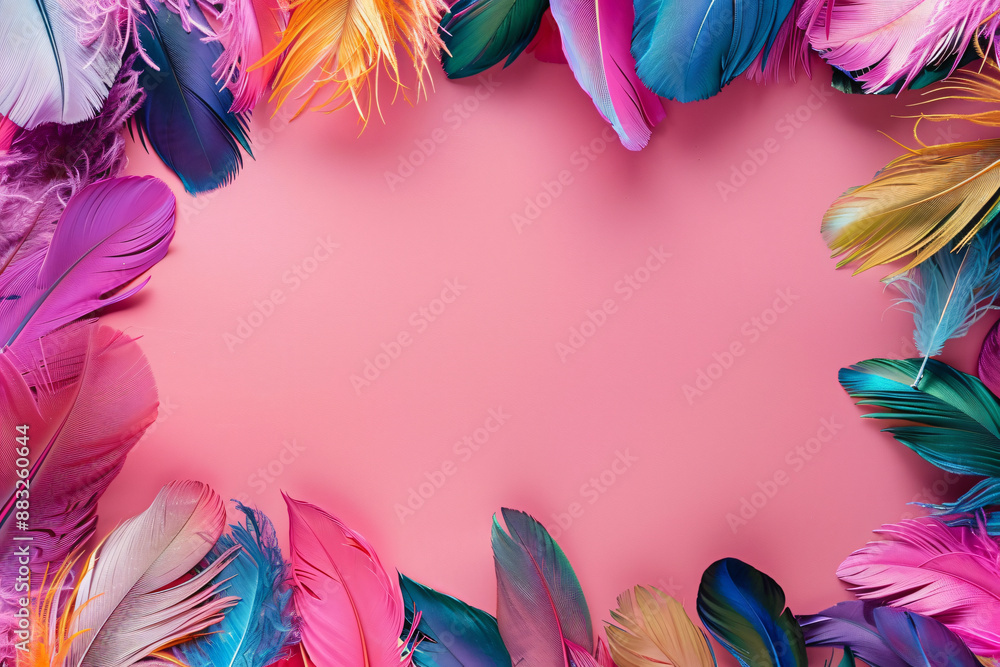 Poster colorful feathers on a pink background in a top view. mardi gras concept with space for copy text or