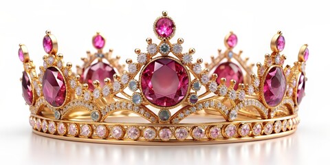 Golden Crown with Pink Gemstones, 3D Render, Jewelry, Royal, Luxury, Diamond, Crown