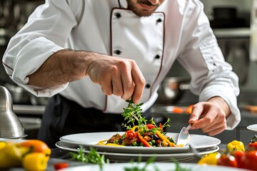 Professional chef meticulously garnishing a freshly prepared gourmet dish in a modern kitchen.