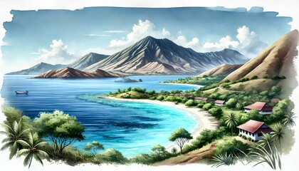 Watercolor of Banda Neira with clear waters, sandy beaches, lush greenery, and volcanic mountains.