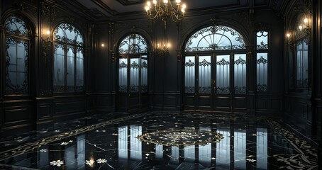 ballroom entrance door lobby interior of palace mansion castle house cathedral. dark black gothic art deco art nuevo ornamental floral embellishments.