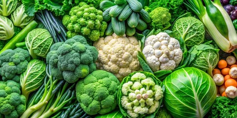Fototapeta premium Green Vegetables and Cauliflower, Top View Composition, Close-Up of Broccoli, Cabbage, Cucumber, and Cauliflower, Healthy Eating