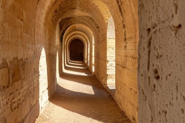 Mamluk era arched stones tunnel leading to Al-Muayyad Bimaristan (ancient hospital), Darb El Labbana district, Cairo, Egypt. Beautiful simple AI generated image in 4K, unique.