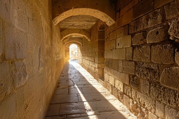 Mamluk era arched stones tunnel leading to Al-Muayyad Bimaristan (ancient hospital), Darb El Labbana district, Cairo, Egypt. Beautiful simple AI generated image in 4K, unique.