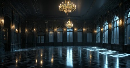 black ballroom room interior of mansion castle palace at night. dark gothic art deco cathedral monastery living room with city view from windows.