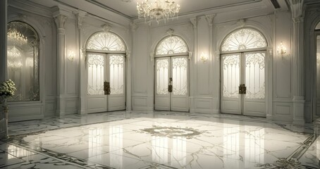 Obraz premium white doorway door entrance interior of mansion palace lobby. gothic victorian art deco art nuevo floral embellishments and baroque ornamentals.