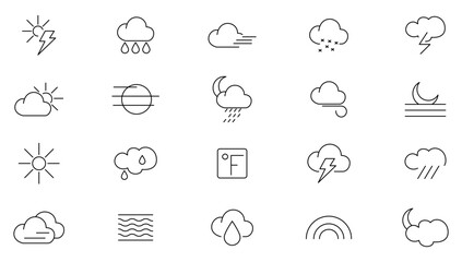 Weather line Icons Pack. Weather, rain, snowflakes, thunderstorm, update, sunny, cloudy, wind, daylight, night, temperature, sun, moon and sun day outline icon collection. UI thin outline icon set.