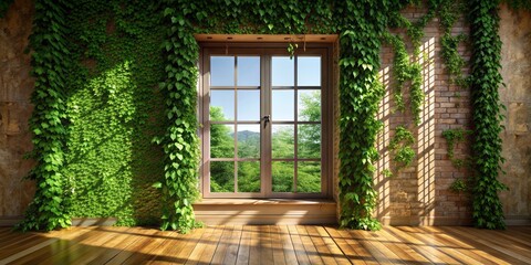 Obraz premium Ivy-Covered Window with Sunbeams, 3D Render, Brick Wall, Wood Floor, Window View, Green, Nature