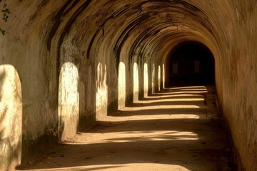 Obraz premium Mamluk era arched stones tunnel leading to Al-Muayyad Bimaristan (ancient hospital), Darb El Labbana district, Cairo, Egypt. Beautiful simple AI generated image in 4K, unique.