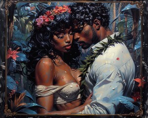 Passionate Romantic Couple in Tropical Forest Embrace with Flowers and Nature Elements Highlighting Intense Connection and Ethereal Beauty