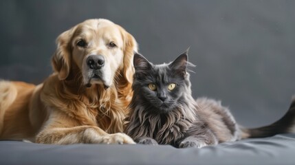 Fototapeta premium Golden retriever and blue Maine Coon cat isolated on a grey background.