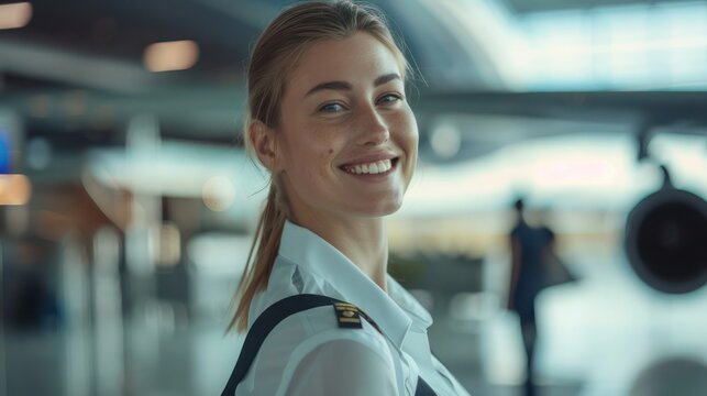 Beautiful and attractive Caucasian flight attendant staff smiling and walking with confidence face and happiness in airport terminal to the airplane. Cabin crew or hostress occupation concept. 