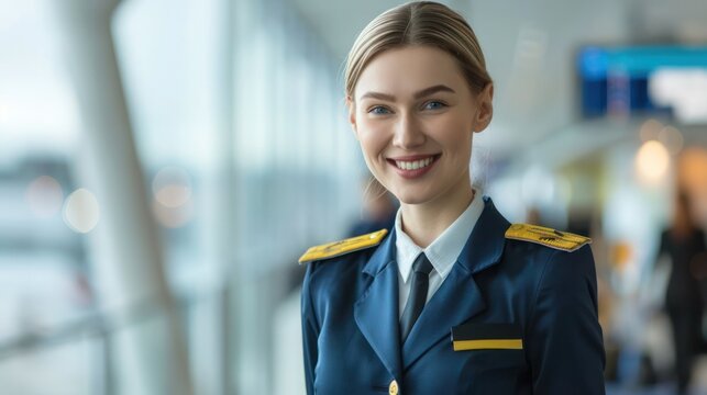 Beautiful and attractive Caucasian flight attendant staff smiling and walking with confidence face and happiness in airport terminal to the airplane. Cabin crew or hostress occupation concept.