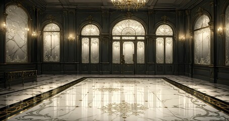 Obraz premium interior entrance door of gothic house palace castle ballroom mansion lobby. white and black art deco art nuevo dark black style with filigree ornamental floral embellishments.. 