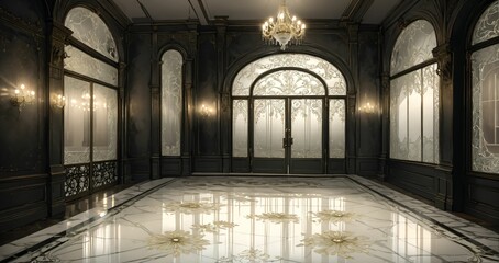 Obraz premium interior entrance door of gothic house palace castle ballroom mansion lobby. white and black art deco art nuevo dark black style with filigree ornamental floral embellishments.. 