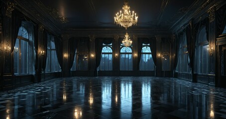 black ballroom room interior of mansion castle palace at night. dark gothic art deco cathedral monastery living room with city view from windows.