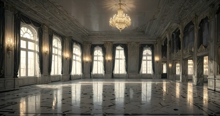 white ballroom corridor of mansion building palace cathedral gothic house at night. art deco art nuevo style with chandelier, windows, curtains, and candles.