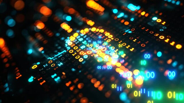 6 seconds of a stationary computer virtual key with binary code flying along the key hd video 1920 1080 animation motion graphics,  financial computer technology design