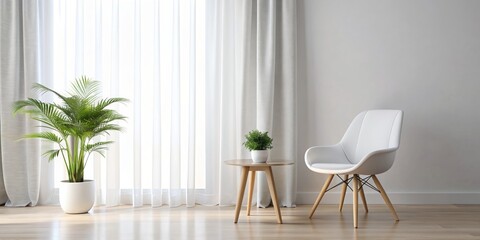 Minimalist Living Room with White Chair, Side Table and Plants, 3D Render,  interior design, home decor, white room, modern furniture