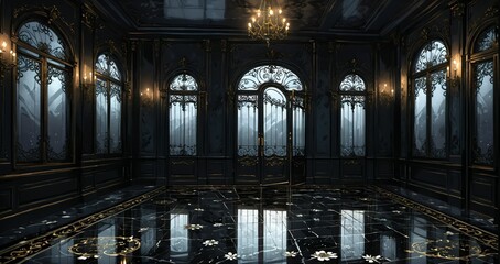 Fototapeta premium ballroom entrance door lobby interior of palace mansion castle house cathedral. dark black gothic art deco art nuevo ornamental floral embellishments.