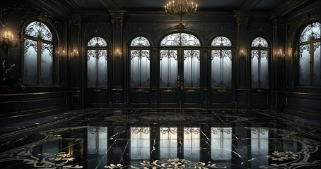 ballroom entrance door lobby interior of palace mansion castle house cathedral. dark black gothic art deco art nuevo ornamental floral embellishments.