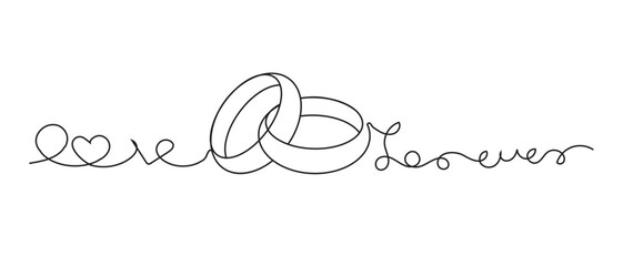 Wedding ring line art drawing symbol.  One line art of wedding ring pair with  love for ever on white back ground. Symbol of marriage. . Hand drawn vector illustration.
