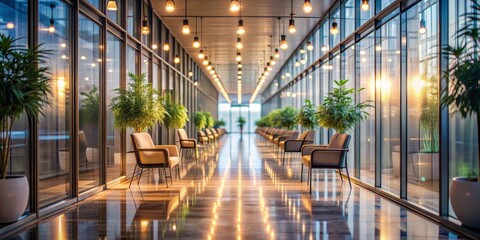 Modern Office Corridor with Glass Walls and Hanging Lights, interior design, architecture, office space, modern building