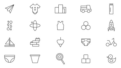 Child Toys line icon set. Baby toys, children toys, feeding care and international children day outline icon collection. UI thin outline icon set.