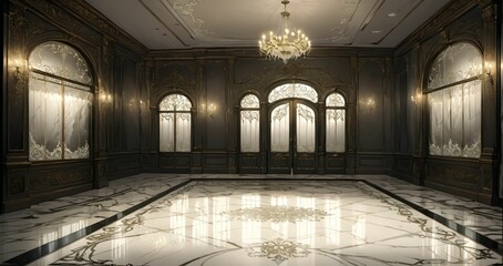 Obraz premium interior entrance door of gothic house palace castle ballroom mansion lobby. white and black art deco art nuevo dark black style with filigree ornamental floral embellishments.. 