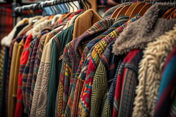 Colorful vintage winter coats and jackets hanging on a rack